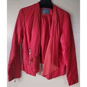 Kate & Mallory Faux Leather Jacket SzL Red Perforated Asymmetric Waterfall Front